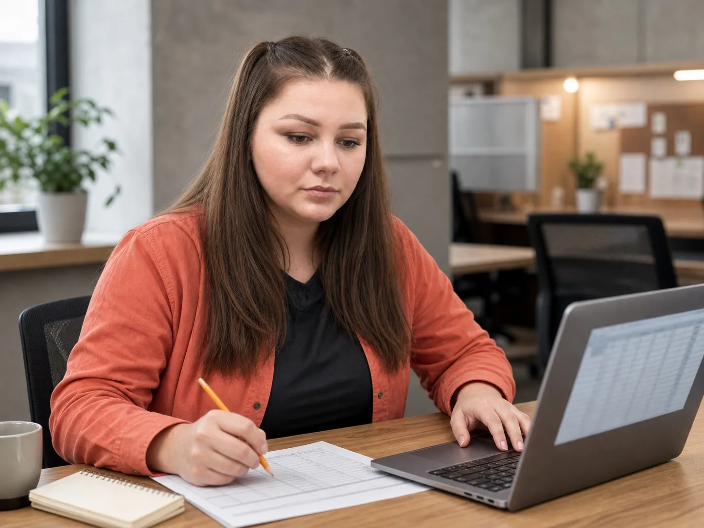 Polina working with a spreadsheet and a printed validation checklist