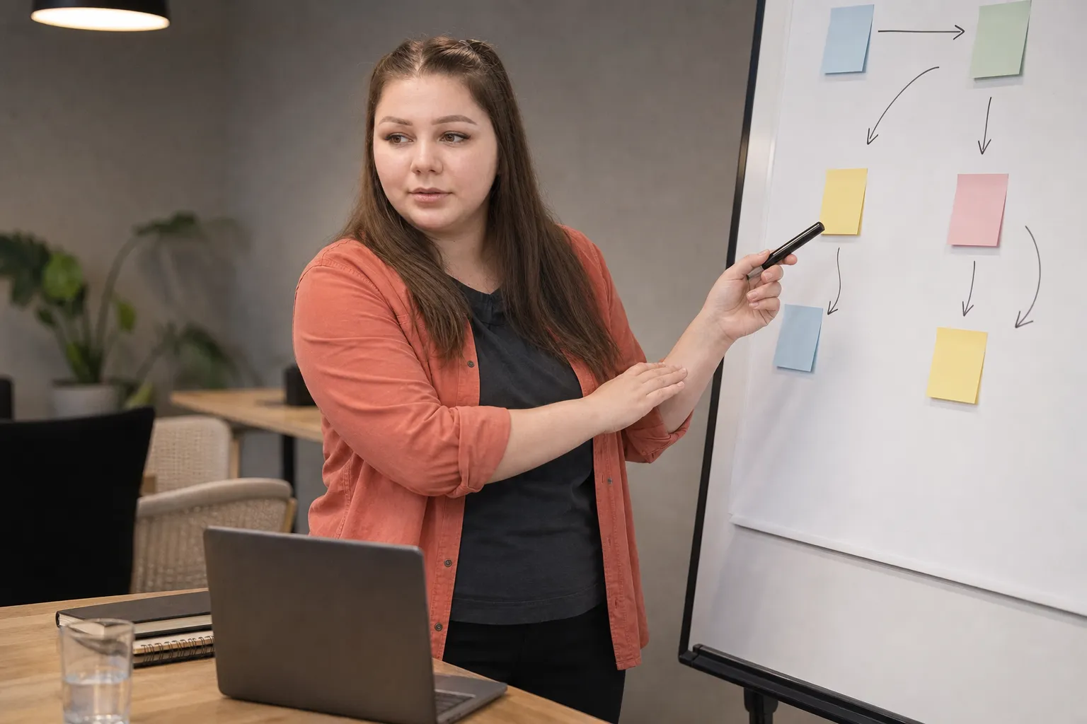 Polina mapping a controlled office workflow on a whiteboard